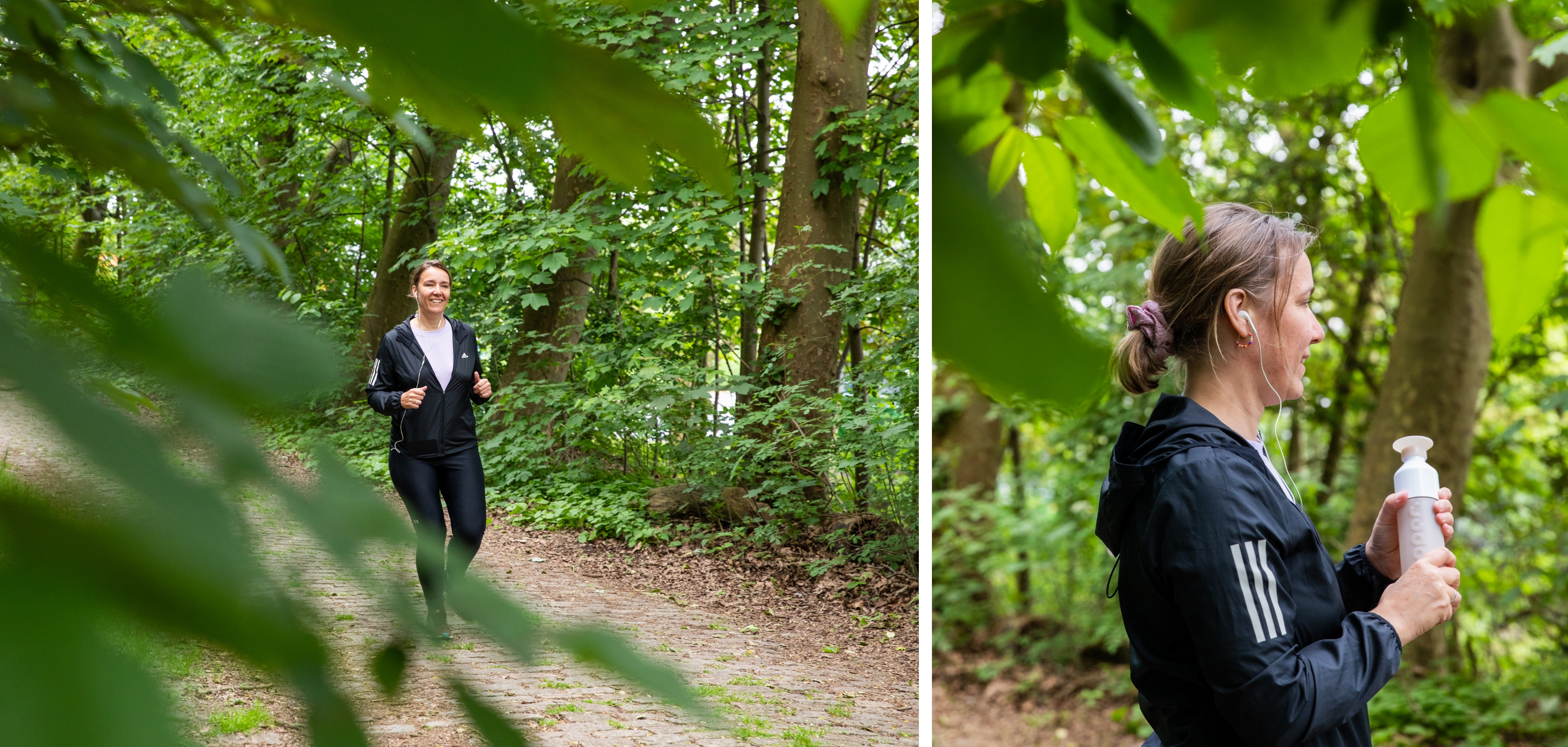 Collega Joke jogt met een gezond energiedrankje Qallo / Collega Joke drinkt een gezonde en suikervrije energizer tijdens het joggen