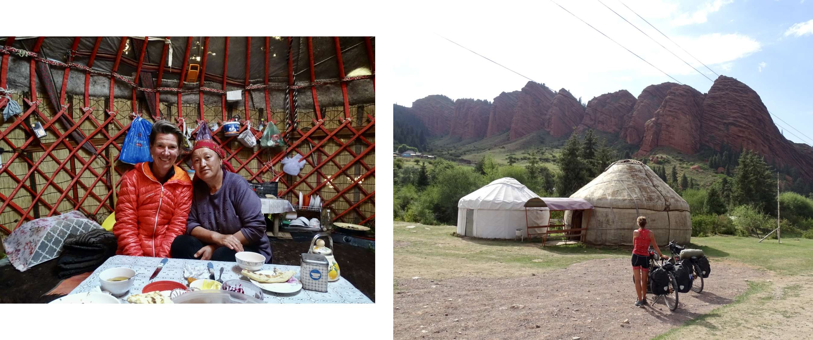 Fietstoerist met volle bepakking arriveert bij yurts in een bergachtig landschap met rode rotsen.