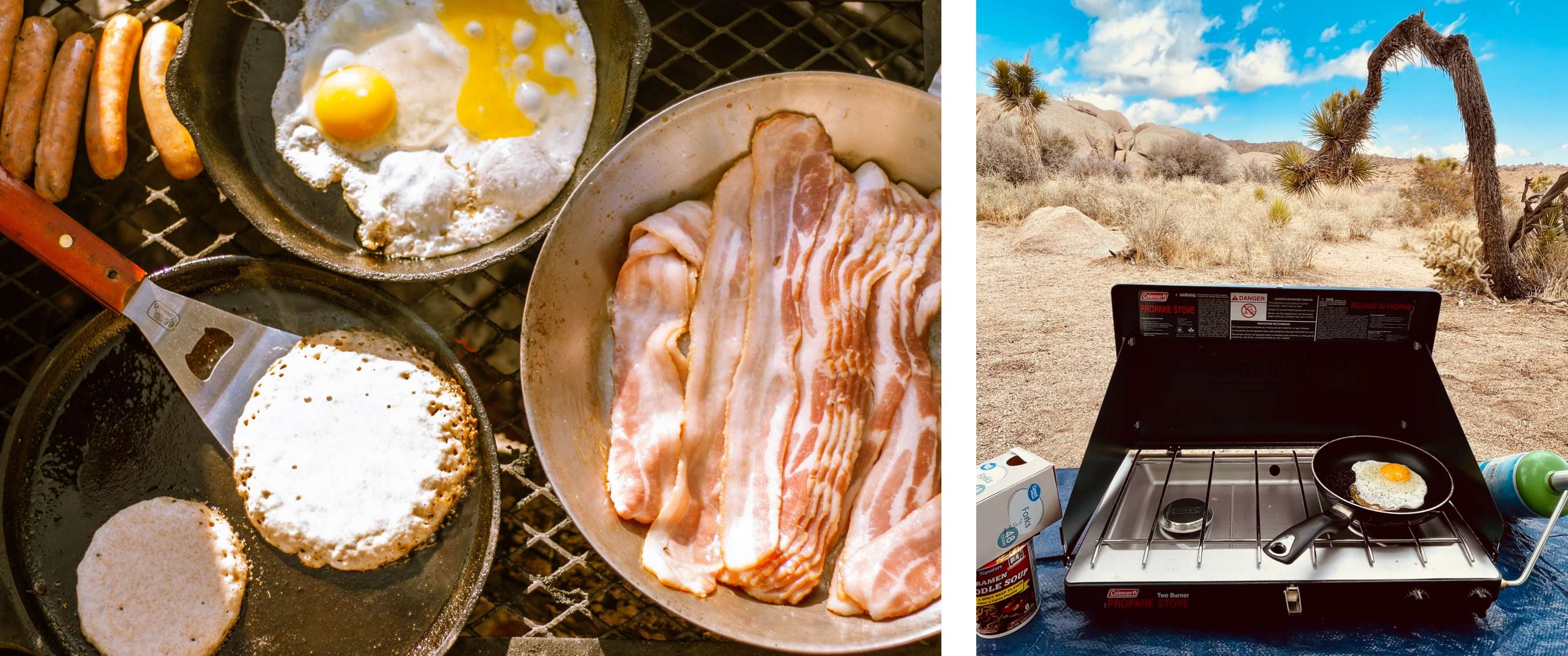 Eieren met spek koken op de camping