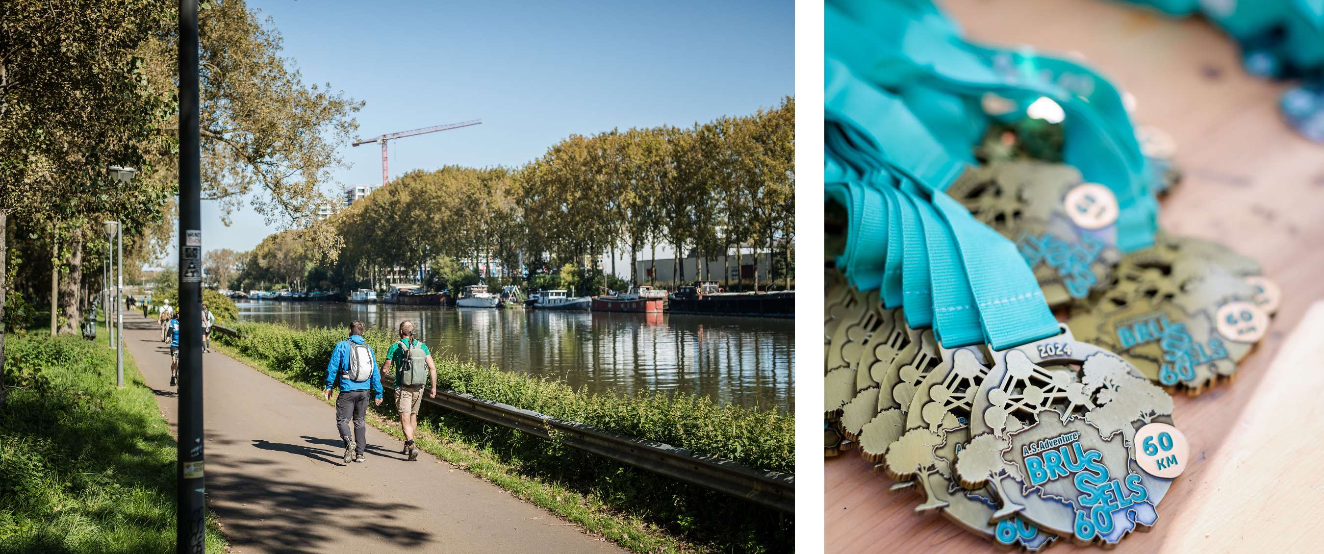 Wandelaars volgen een groen pad langs het kanaal in Brussel tijdens de Brussels 60.