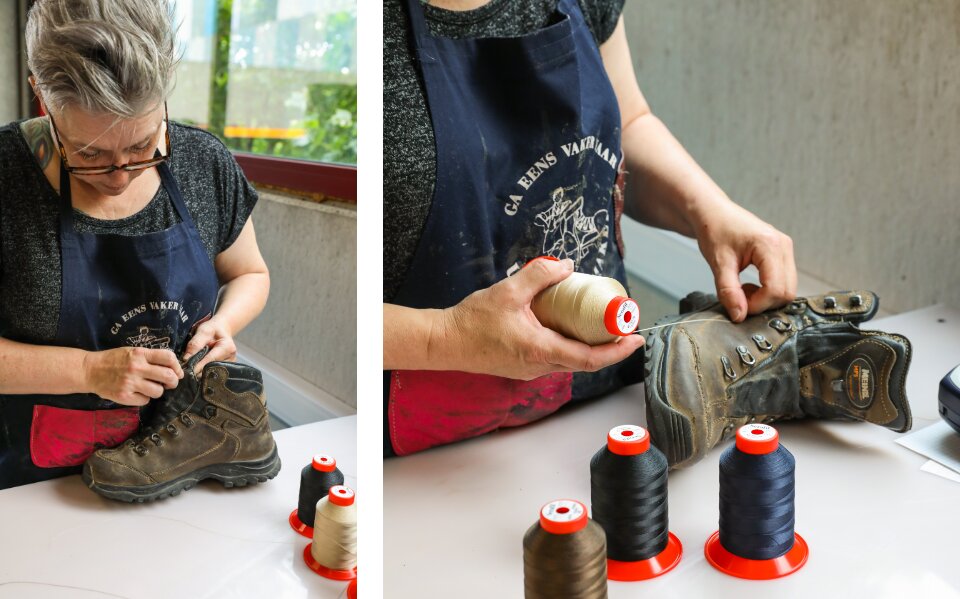 Nancy voert een herstikking van wandelschoenen uit in het schoenatelier van A.S.Adventure